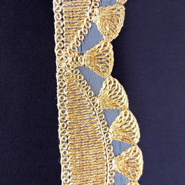 Gold Shimmer Thread Embroidered Scallop Trim, Sheer Fabric Lace, Fringe Trim